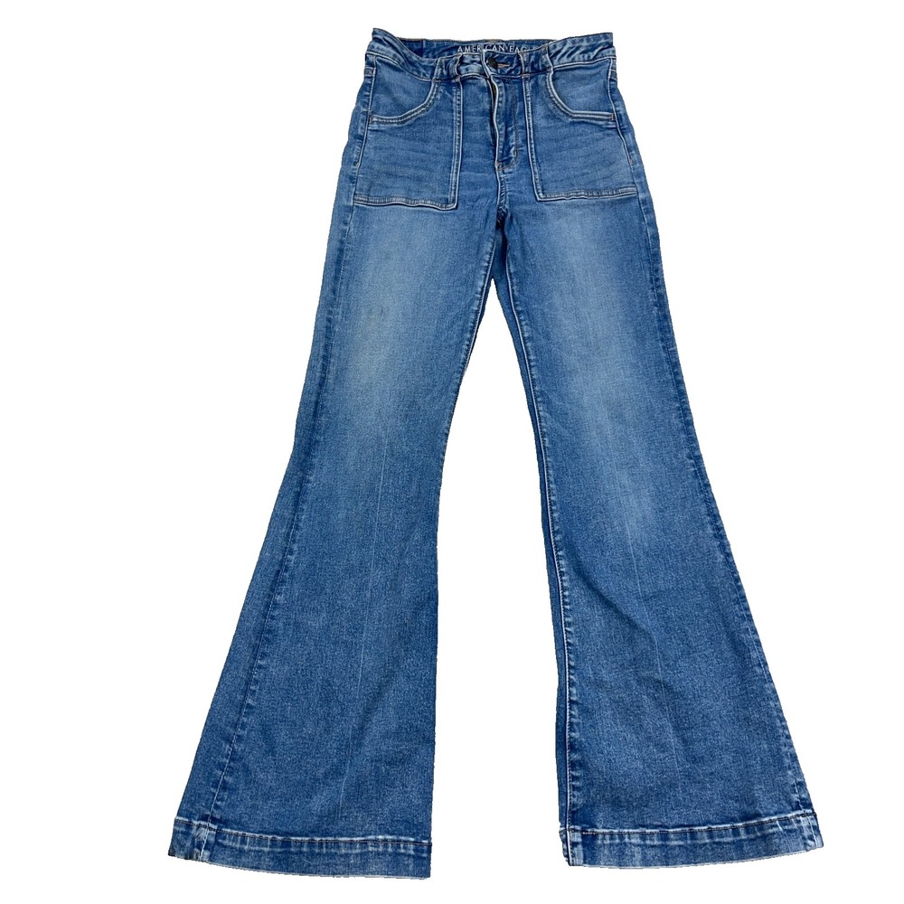 American Eagle Jeans Women 6 Super High Rise Flare Med Wash BOHO VTG Y2K